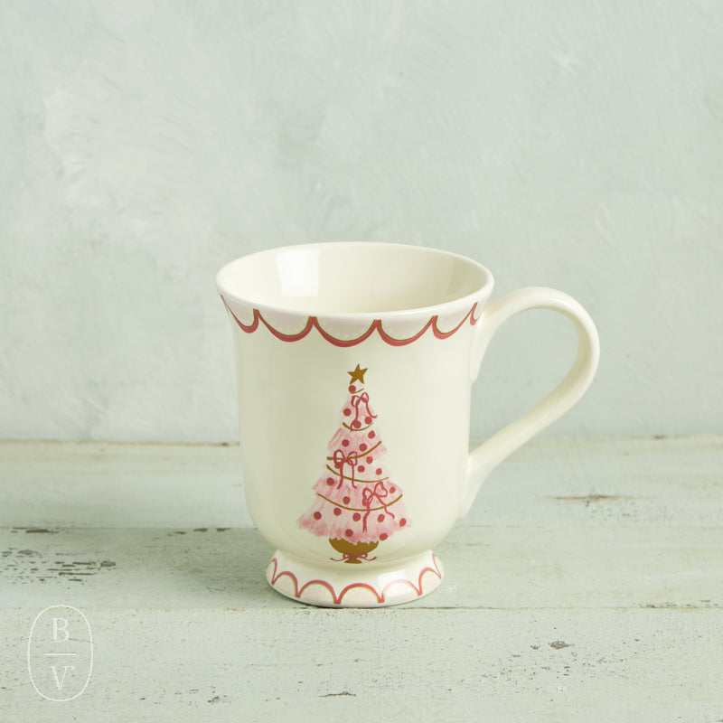 Creative Co-op CHRISTMAS TREE STONEWARE MUG Pink Tree with Red Balls