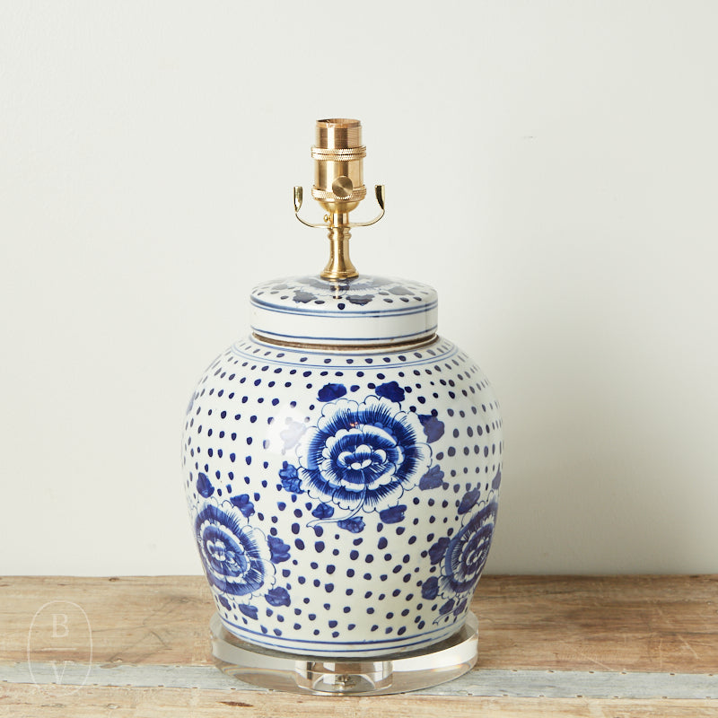 The Han House BLUE WHITE FLOWERS DOTS GINGER JAR LAMP NO SHADE