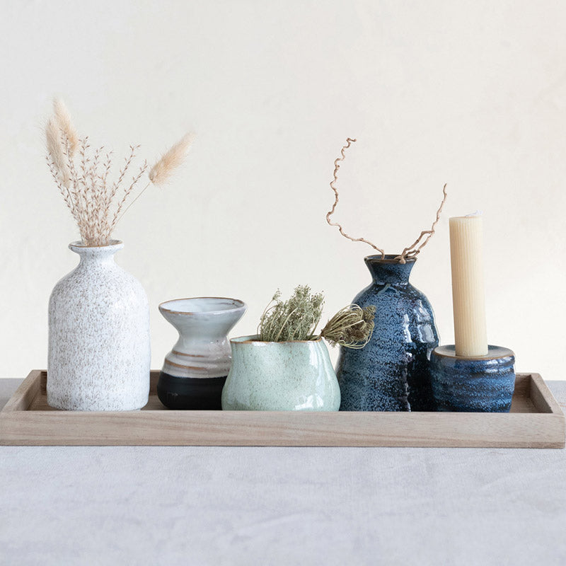 Creative Co-op WOOD TRAY WITH TAPER AND VASE SET Blue and Green