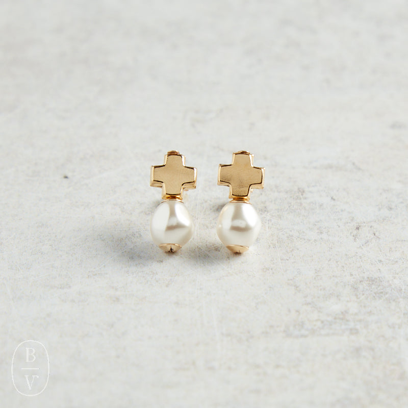 eNewton Design SIGNATURE CROSS GOLD STUD Pearl
