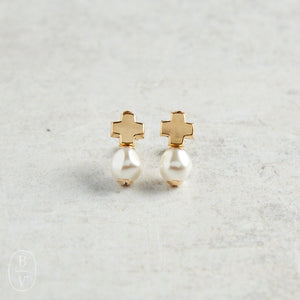 eNewton Design SIGNATURE CROSS GOLD STUD Pearl