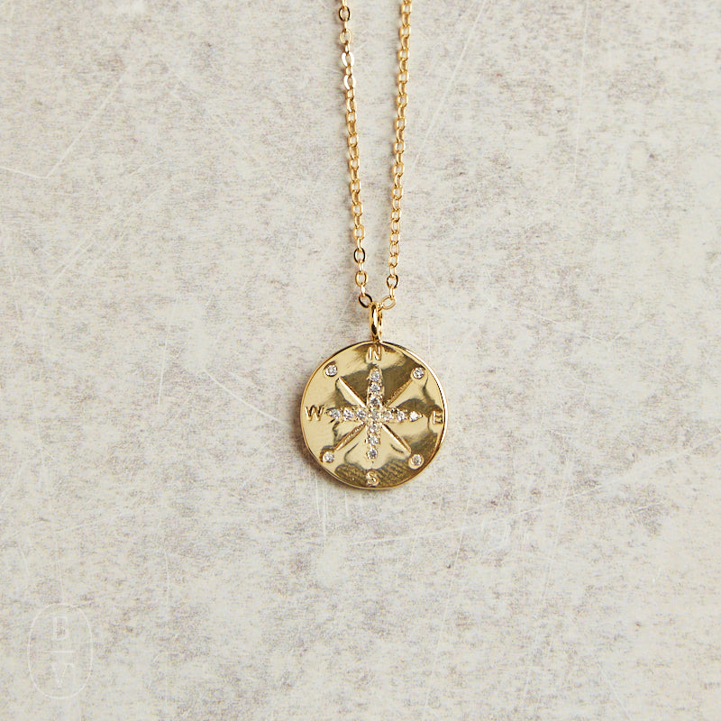 Elyssa Bass Designs PAVE CZ COMPASS DISC NECKLACE Gold