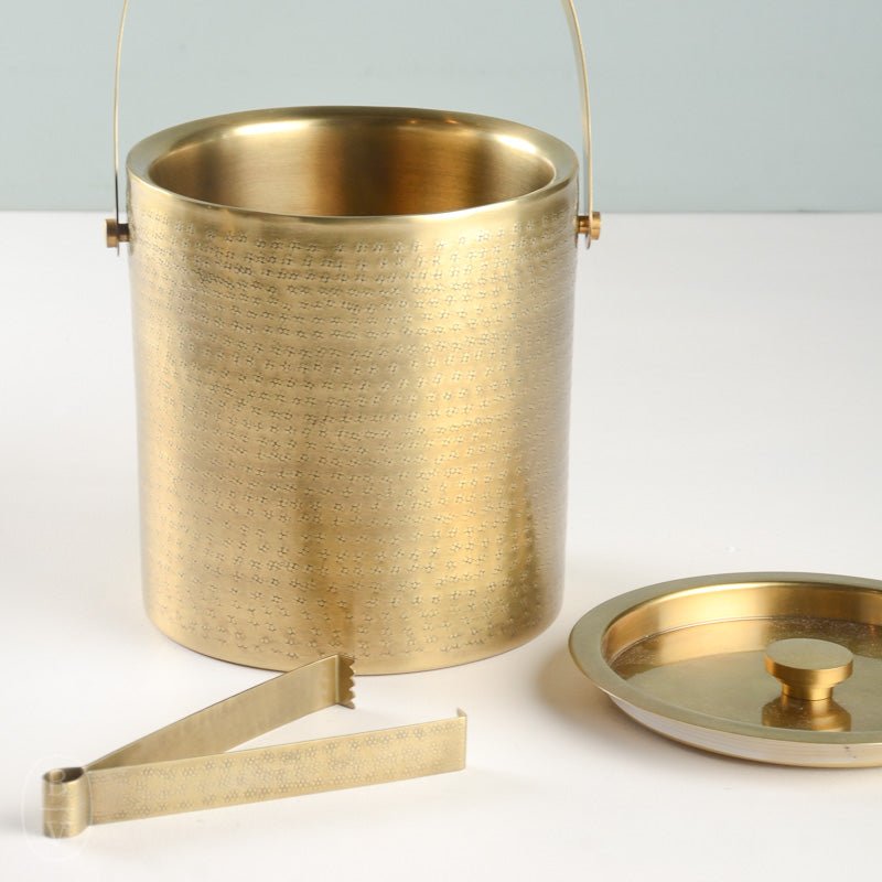 Blue Pheasant AMHERST ICE BUCKET WITH TONGS Antique Brass_Hammered Stainless Steel