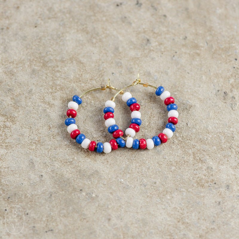 Victoria Mixed Seed Bead Hoop Earrings Red + Blue by INK+ALLOY