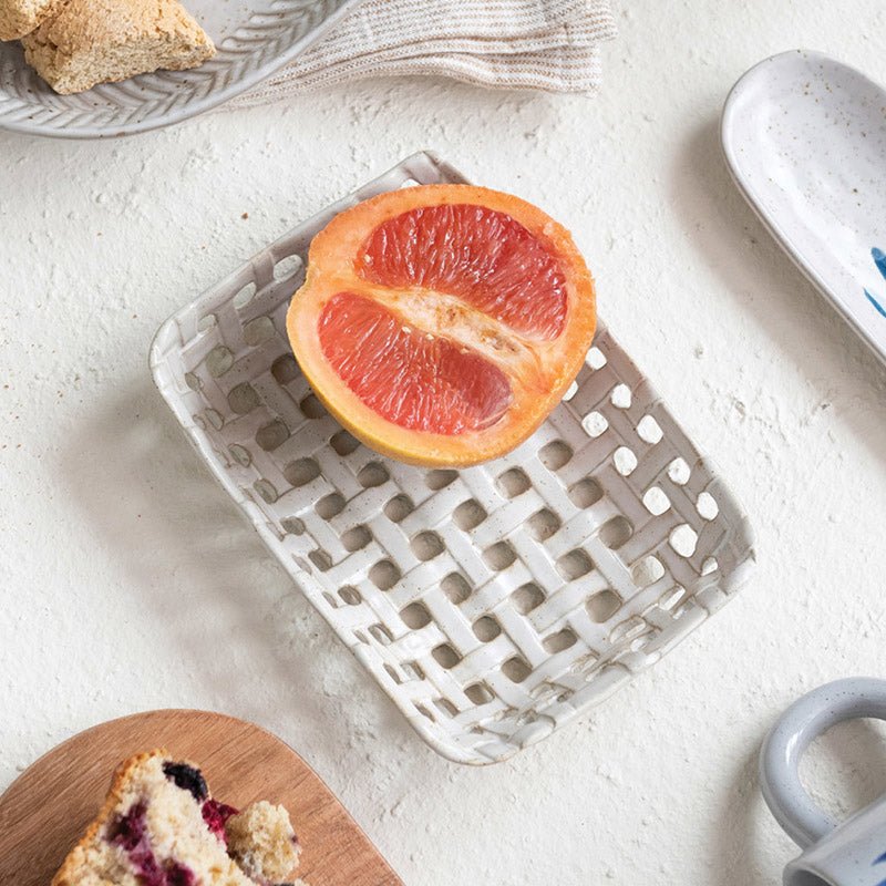 Creative Co-op HANDMADE STONEWARE BASKET DISH White
