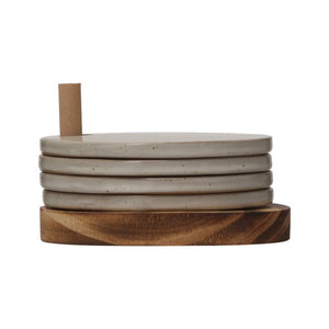 Bloomingville STONEWARE COASTERS WITH WOOD HOLDER SET OF 4