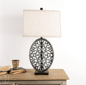 Ferro Designs IRON OVAL FILIGREE LAMP WITH IRON BASE Blue 16 Rectangle Shade