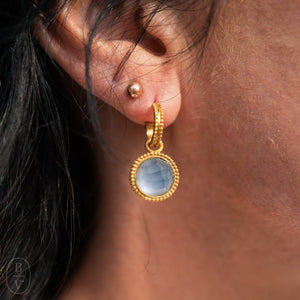 Julie Vos FLEUR DE LIS GOLD HOOP AND CHARM EARRINGS Iridescent Chalcedony Blue