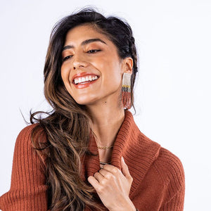 Ink and Alloy BELLE STRIPE LONG LUXE FRINGE EARRINGS Ivory_Rust