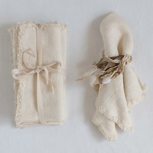 Creative Co-op LINEN BLEND NAPKINS WITH FRINGE TRIM SET OF 4 Cream