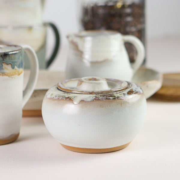 Small Handmade Speckled Stoneware Sugar Bowl and Creamer Pitcher