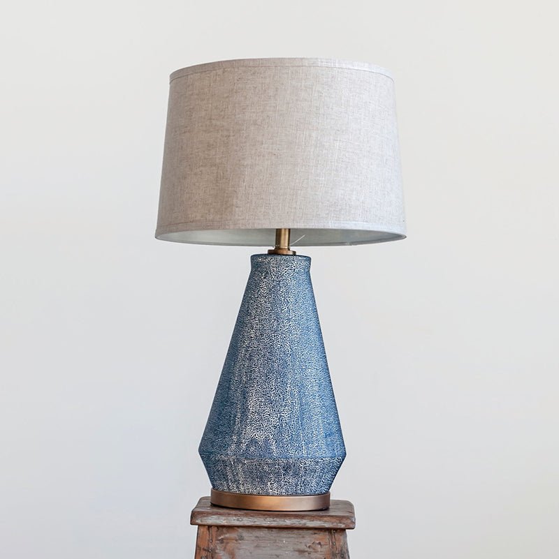 Creative Co-op CERAMIC TABLE LAMP WITH NATURAL LINEN SHADE Midnight Blue