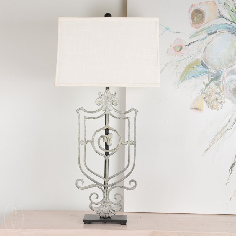 Ferro Designs IRON CREST LAMP WITH IRON BASE White Dark 19 Rectangle Shade