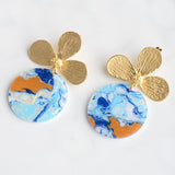 Virtue GOLD LOTUS FLOWER POST ACRYLIC CIRCLE DISC EARRINGS Blue Abstract