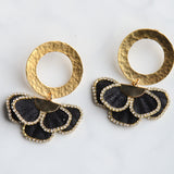 Virtue GOLD HAMMERED CIRCLE POST RHINESTONE FLOWER EARRINGS