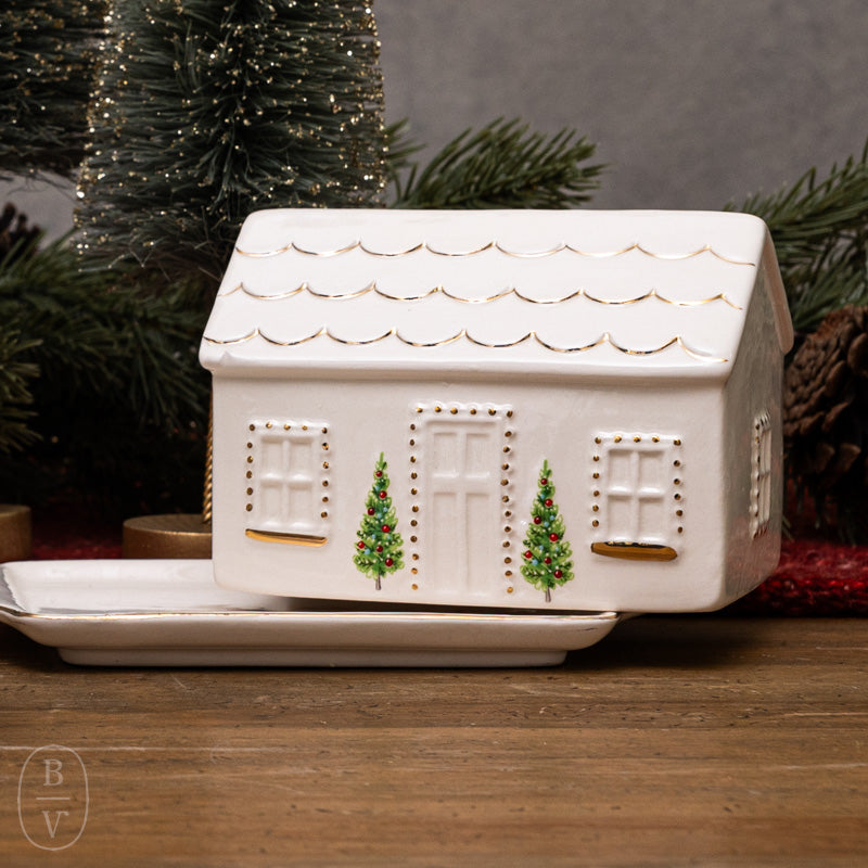 Creative Co-op HAND PAINTED STONEWARE HOUSE BUTTER DISH