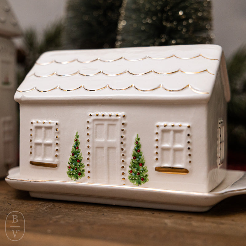 Creative Co-op HAND PAINTED STONEWARE HOUSE BUTTER DISH