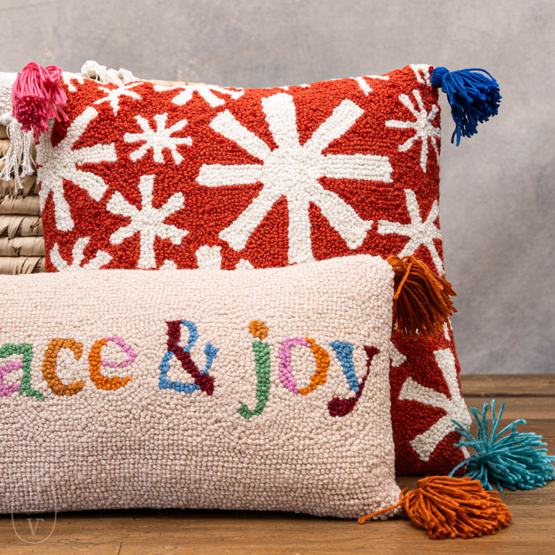 PEACE AND JOY HOOK PILLOW WITH TASSELS