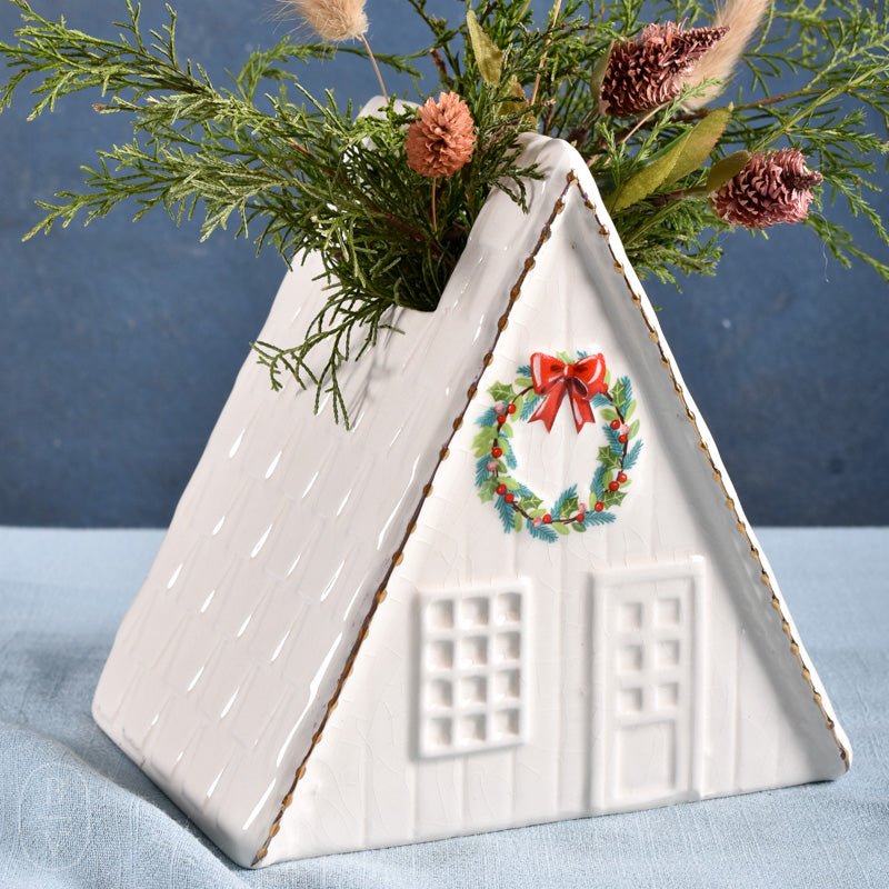 Creative Co-op HAND PAINTED STONEWARE HOUSE VASE A-Frame