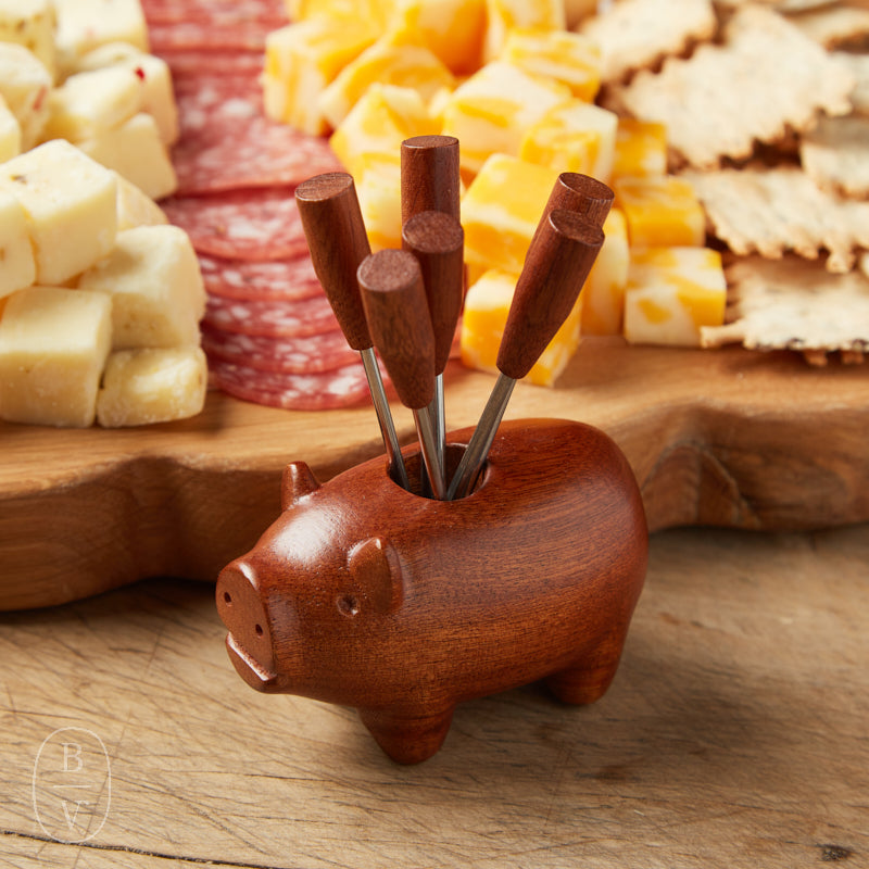 WOODEN PIG APPETIZER FORK HOLDER SET