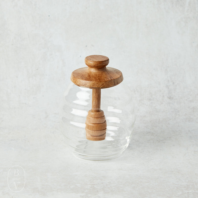 Bloomingville GLASS HONEY JAR WITH WOOD LID AND ATTACHED DIPPER