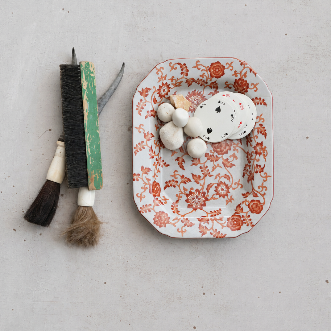 Creative Co-op CRACKLE GLAZE BOTANICALS OBLONG STONEWARE TRAY