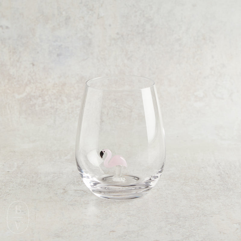 Creative Co-op STEMLESS WINE GLASS WITH FIGURE Flamingo