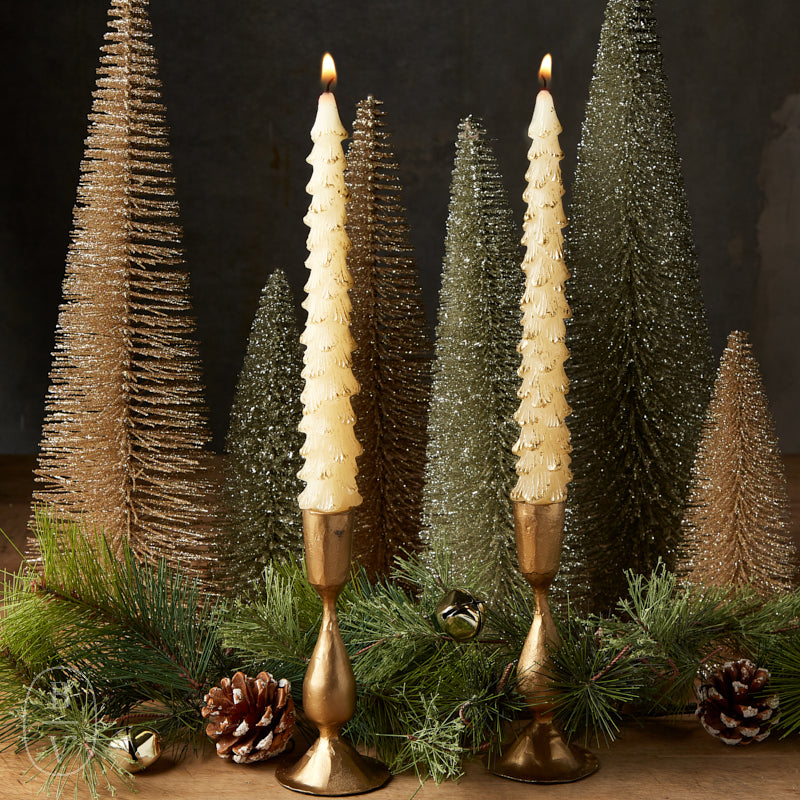 Creative Co-op UNSCENTED TREE SHAPED TAPER CANDLE GOLD TIPS S/2
