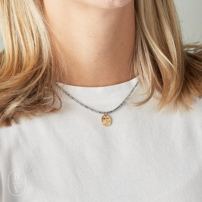 eNewton Design FACETED HEMATITE INSPIRE SMALL GOLD CHARM CHOKER