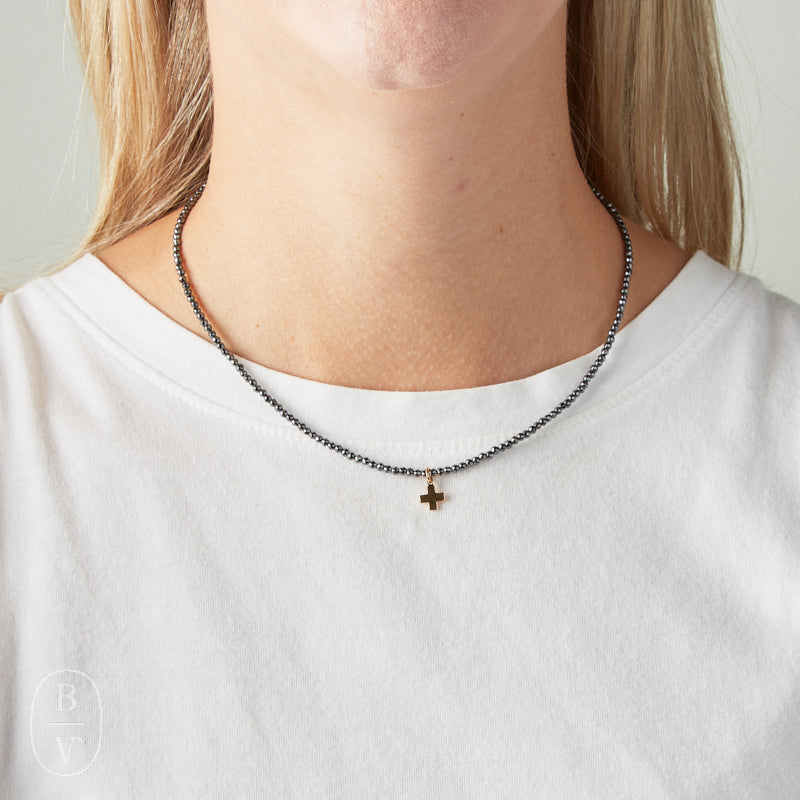 eNewton Design FACETED HEMATITE SIGNATURE CROSS GOLD CHARM CHOKER