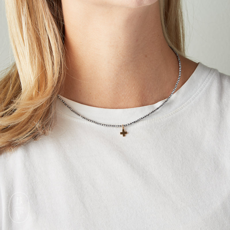 eNewton Design FACETED HEMATITE SIGNATURE CROSS GOLD CHARM CHOKER