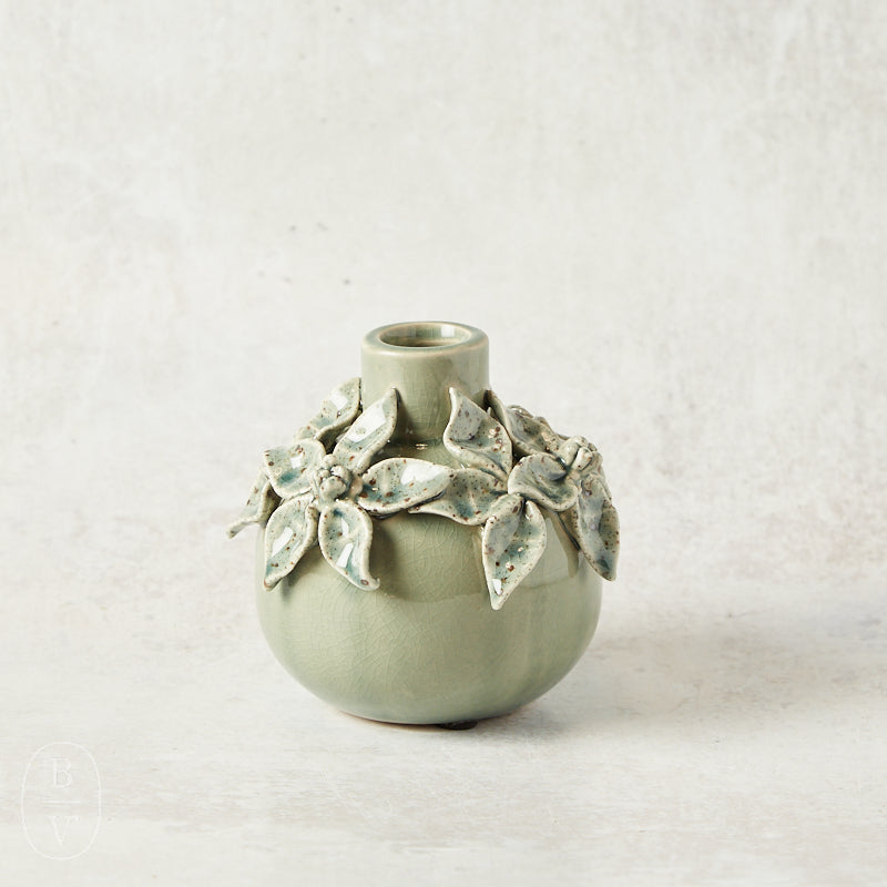 K and K Interiors CERAMIC VASE WITH RAISED FLOWERS Blue 3.25