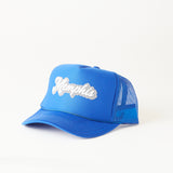 Littlebrightbird GAMEDAY DOUBLE PUFF SCRIPT TRUCKER HAT Memphis Royal