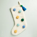 Peking Handicraft COLORFUL POM POM HOOKED STOCKING Blue and Yellow