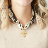Virtue GOLD LONG TAIL CROSS SCARF NECKLACE Black Trim Micro Floral