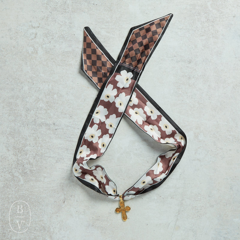 Virtue GOLD LONG TAIL CROSS SCARF NECKLACE Chocolate Retro Floral