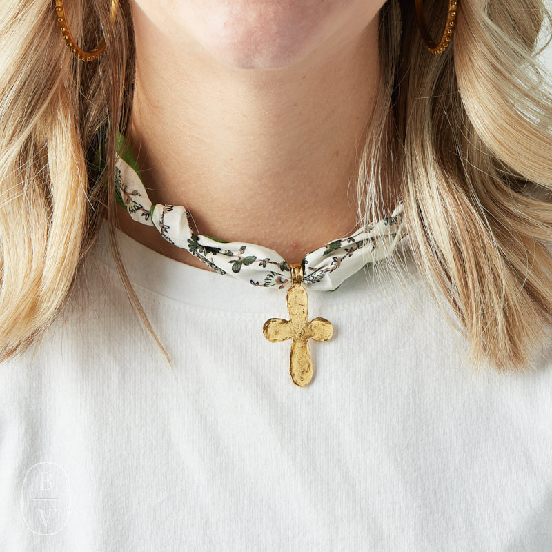 Virtue GOLD LONG TAIL CROSS SCARF NECKLACE Forest Trim Line Floral