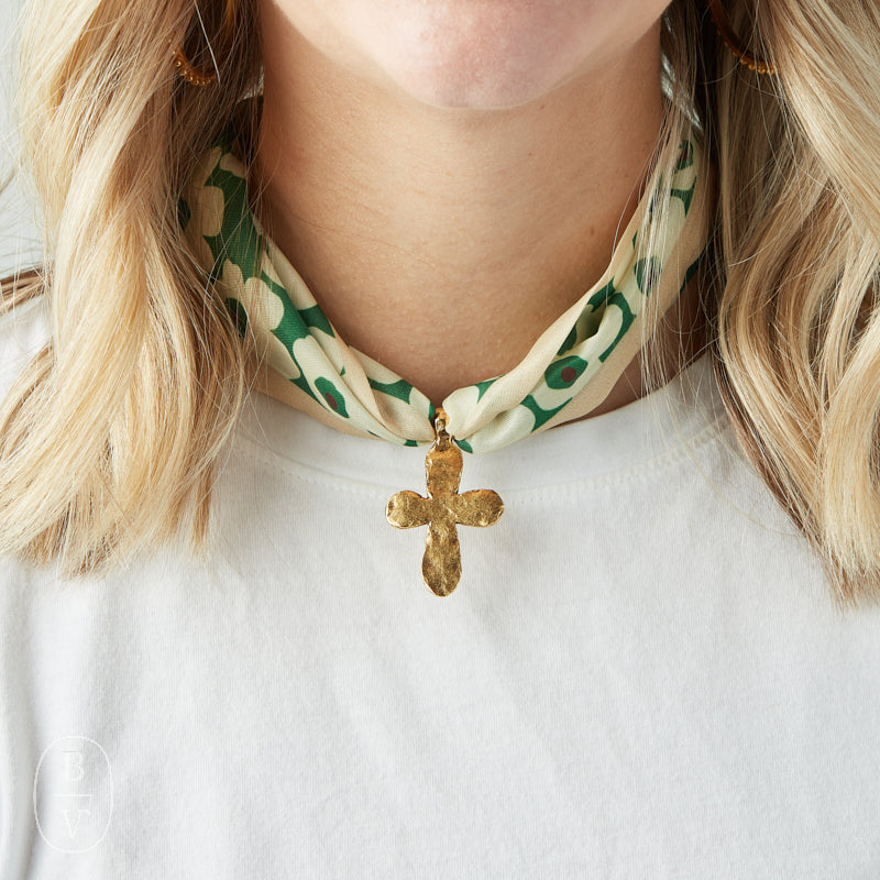 Virtue GOLD LONG TAIL CROSS SCARF NECKLACE Green Retro Floral