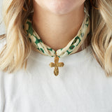 Virtue GOLD LONG TAIL CROSS SCARF NECKLACE Green Retro Floral