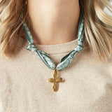 Virtue GOLD LONG TAIL CROSS SCARF NECKLACE Olive Paisley