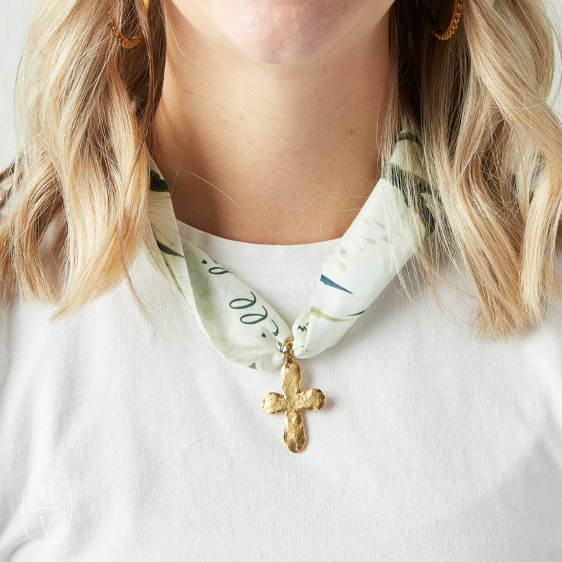 Virtue GOLD LONG TAIL CROSS SCARF NECKLACE Peach Sage Aloe