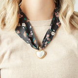 Virtue GOLD PUFF PEARL HEART SCARF NECKLACE Black Petite Flowers
