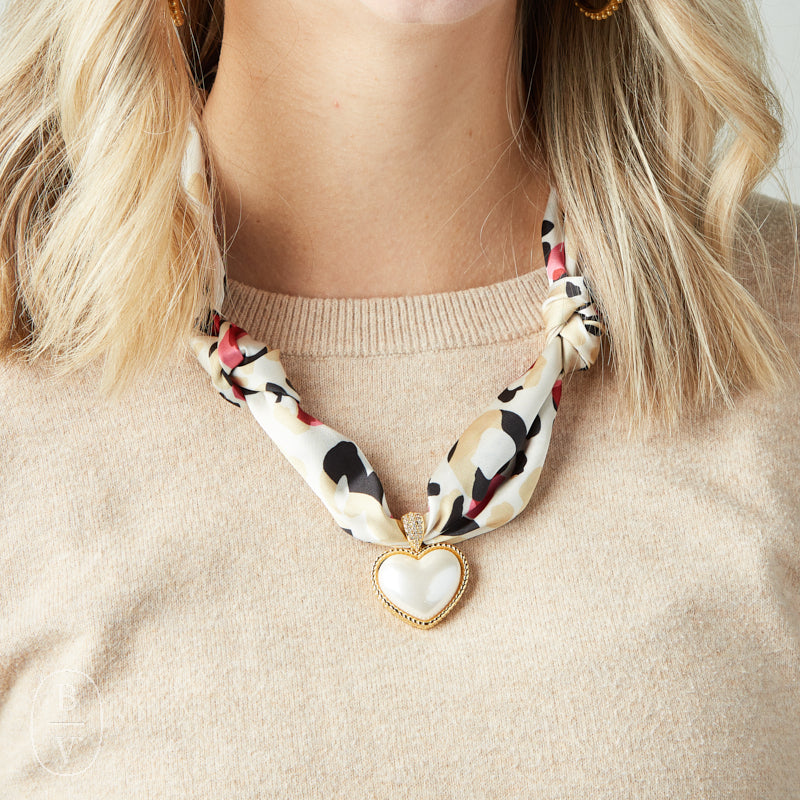 Virtue GOLD PUFF PEARL HEART SCARF NECKLACE Blush Cheetah