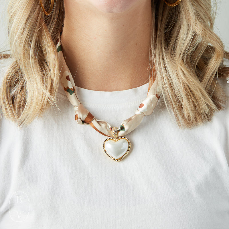 Virtue GOLD PUFF PEARL HEART SCARF NECKLACE Burnt Orange Floral