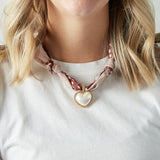 Virtue GOLD PUFF PEARL HEART SCARF NECKLACE Dotted Trim Mocha