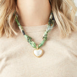 Virtue GOLD PUFF PEARL HEART SCARF NECKLACE Green Painted Garden