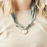 Virtue GOLD PUFF PEARL HEART SCARF NECKLACE Olive Paisley