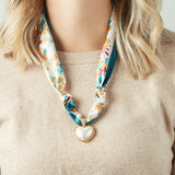 Virtue GOLD PUFF PEARL HEART SCARF NECKLACE Teal Trim Garden
