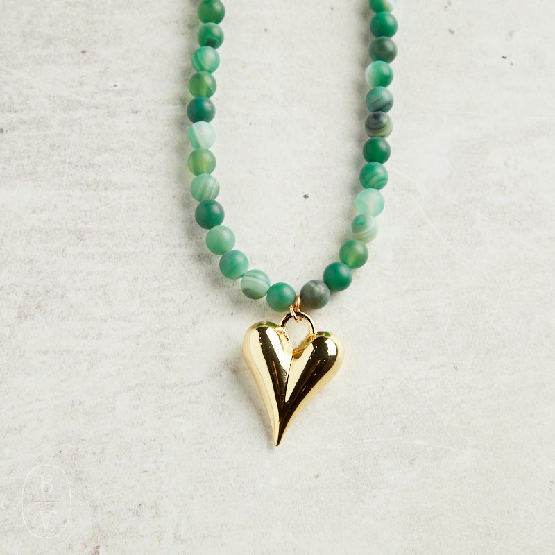 Virtue GOLD PUFF HEART GEMSTONE NECKLACE Green Marble