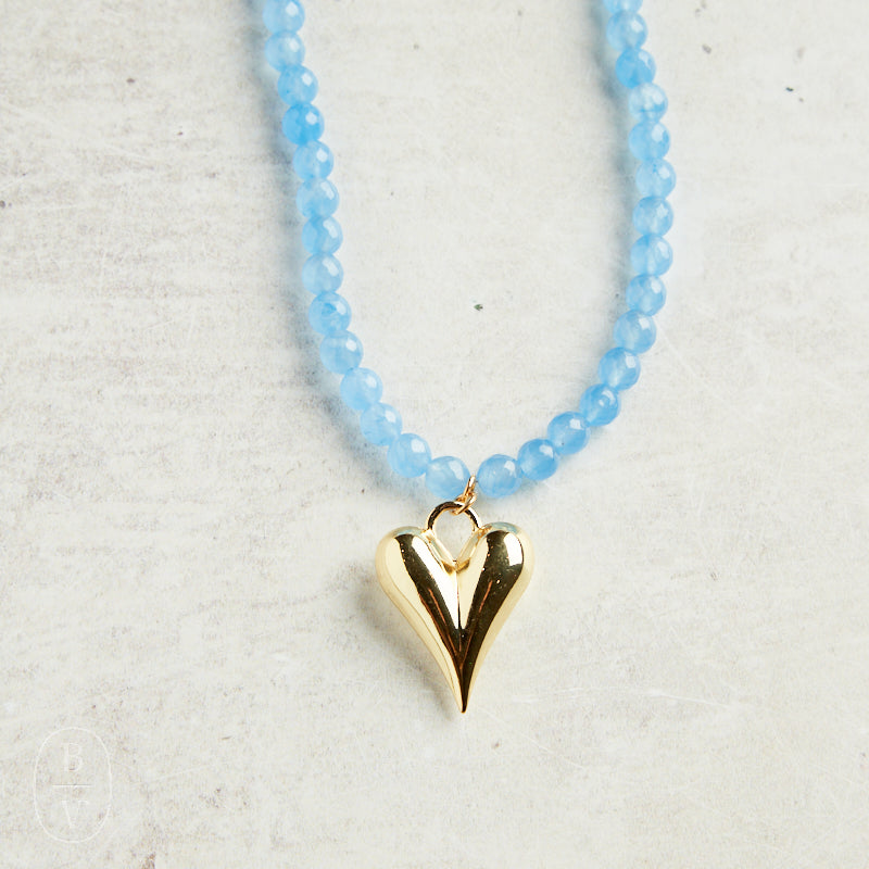 Virtue GOLD PUFF HEART GEMSTONE NECKLACE Cornflower Blue